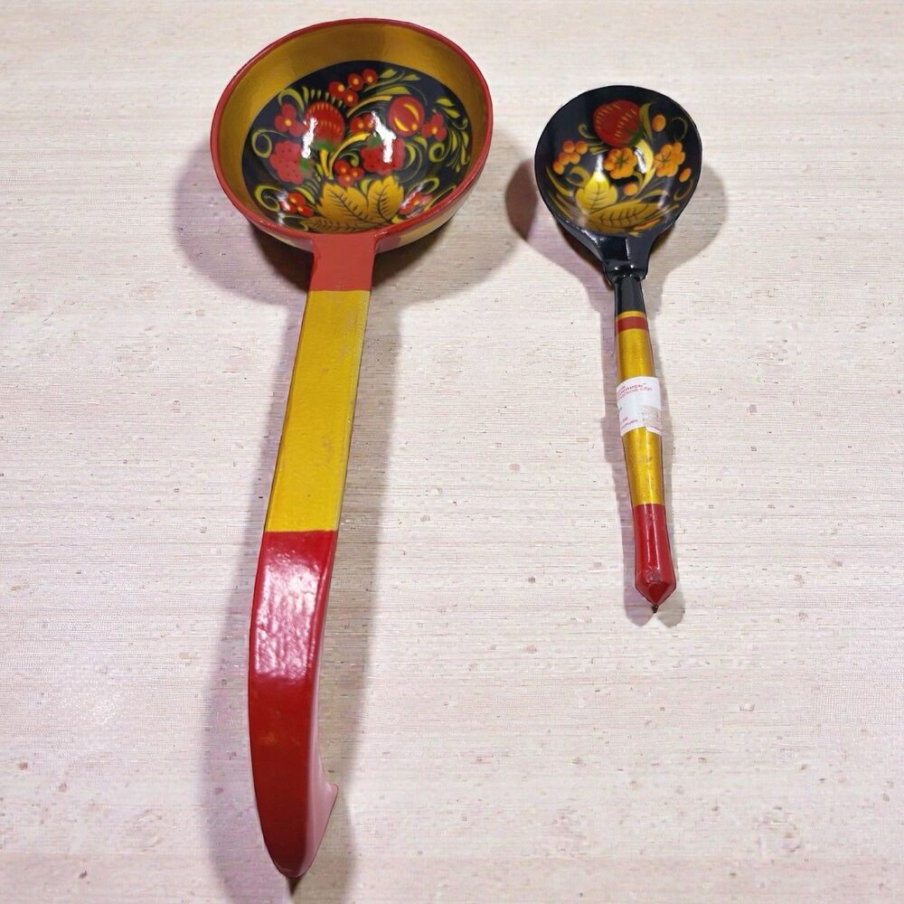 Russian Khokhloma Wooden 1 Ladle Spoon and 1 Spoon Hand Painted Red & Gold VTG
